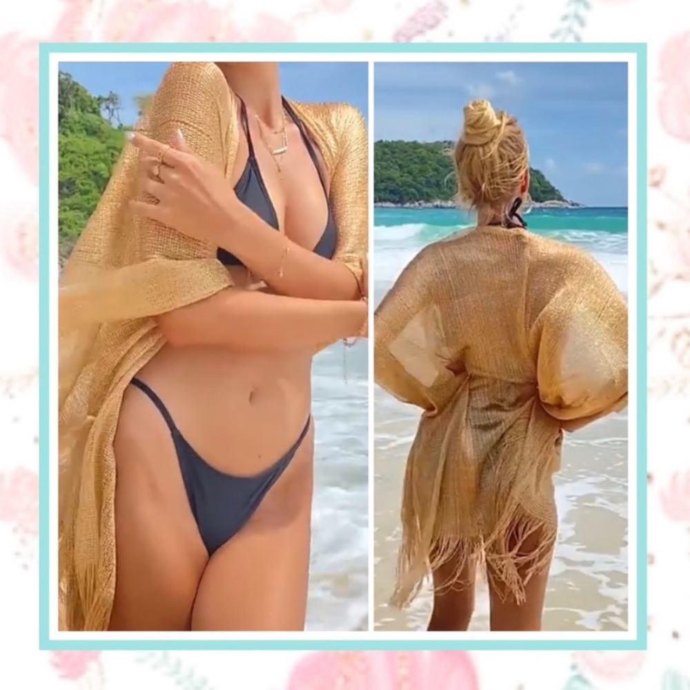 🌸 GOLD COVER MIDI FRINGE ROBE CARDIGAN DUSTER SHEER BEACH SHAWL TAN BEIGE BOHO